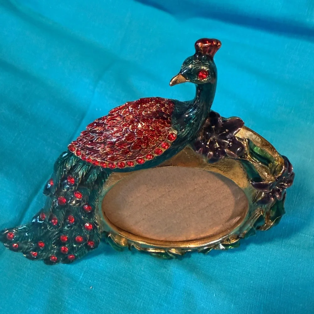 Vintage Style Peacock Enameled Picture Frame Red Rhinestone Floral Gold Tone 5in